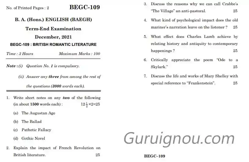 IGNOU BEGC 109 Previous Year Question Paper Download