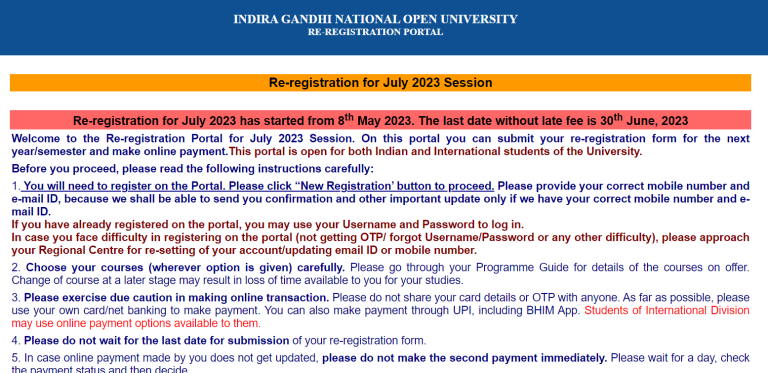 IGNOU Re-registration for July 2023