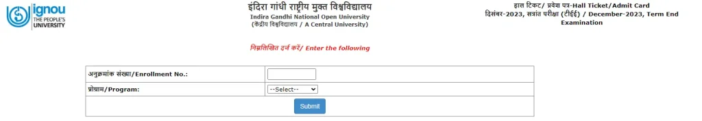 IGNOU Hall Ticket December 2023
